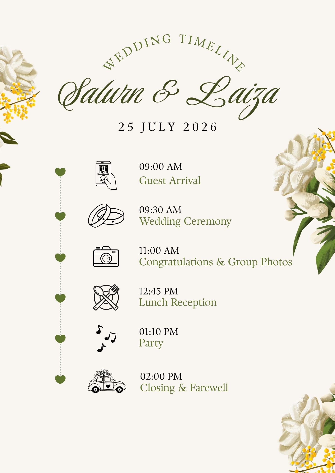 Wedding schedule planner timeline.